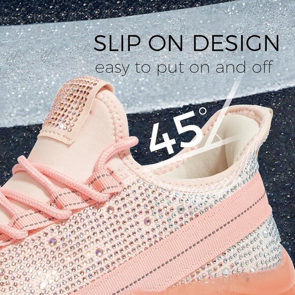 Women's Tan Rhinestone Mesh Slip On Walking Breathable Glitter Sneaker Shoes - Picture 4 of 9